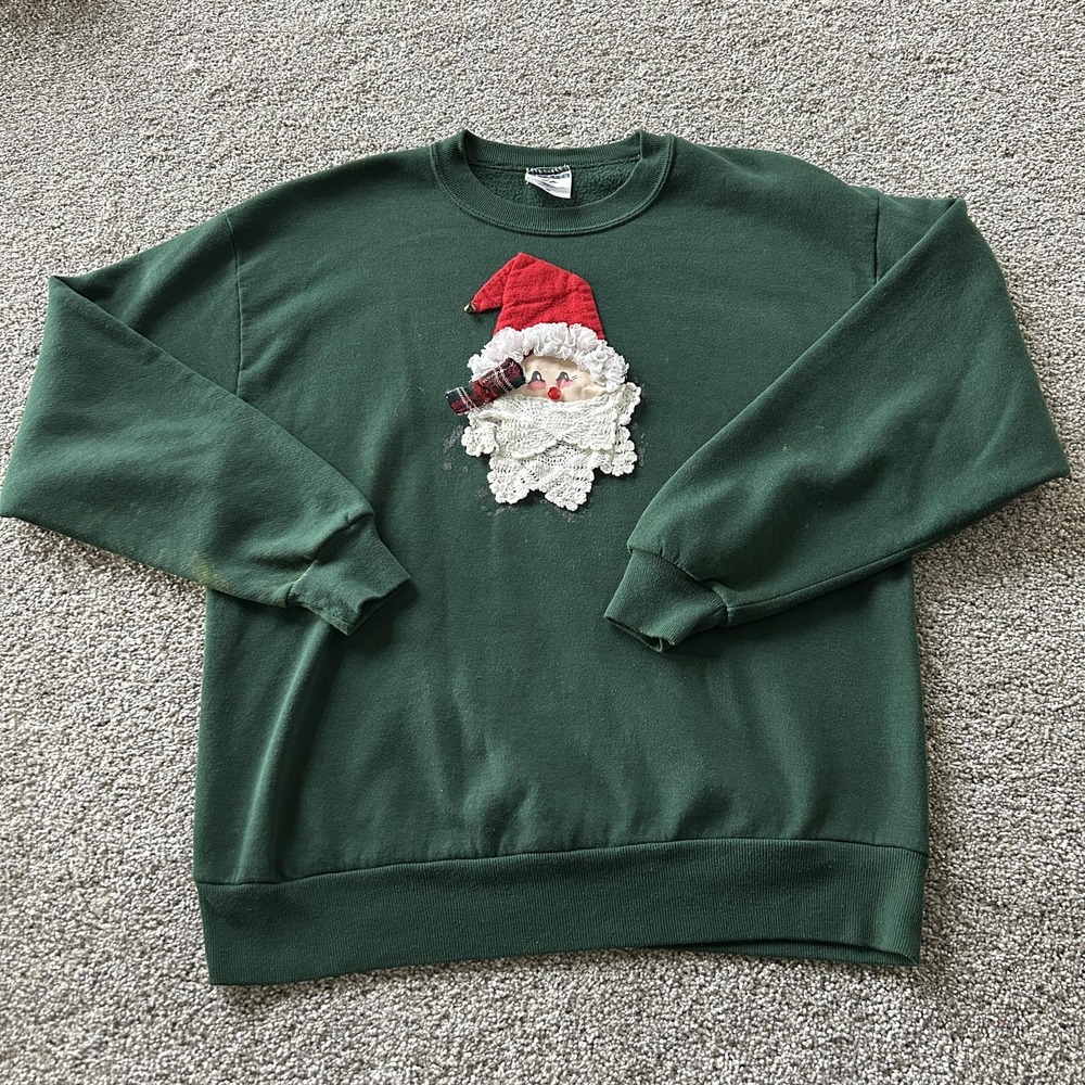 Vintage Jerzees Sweatshirt Womens Large Green Santa Claus Christmas Pullover